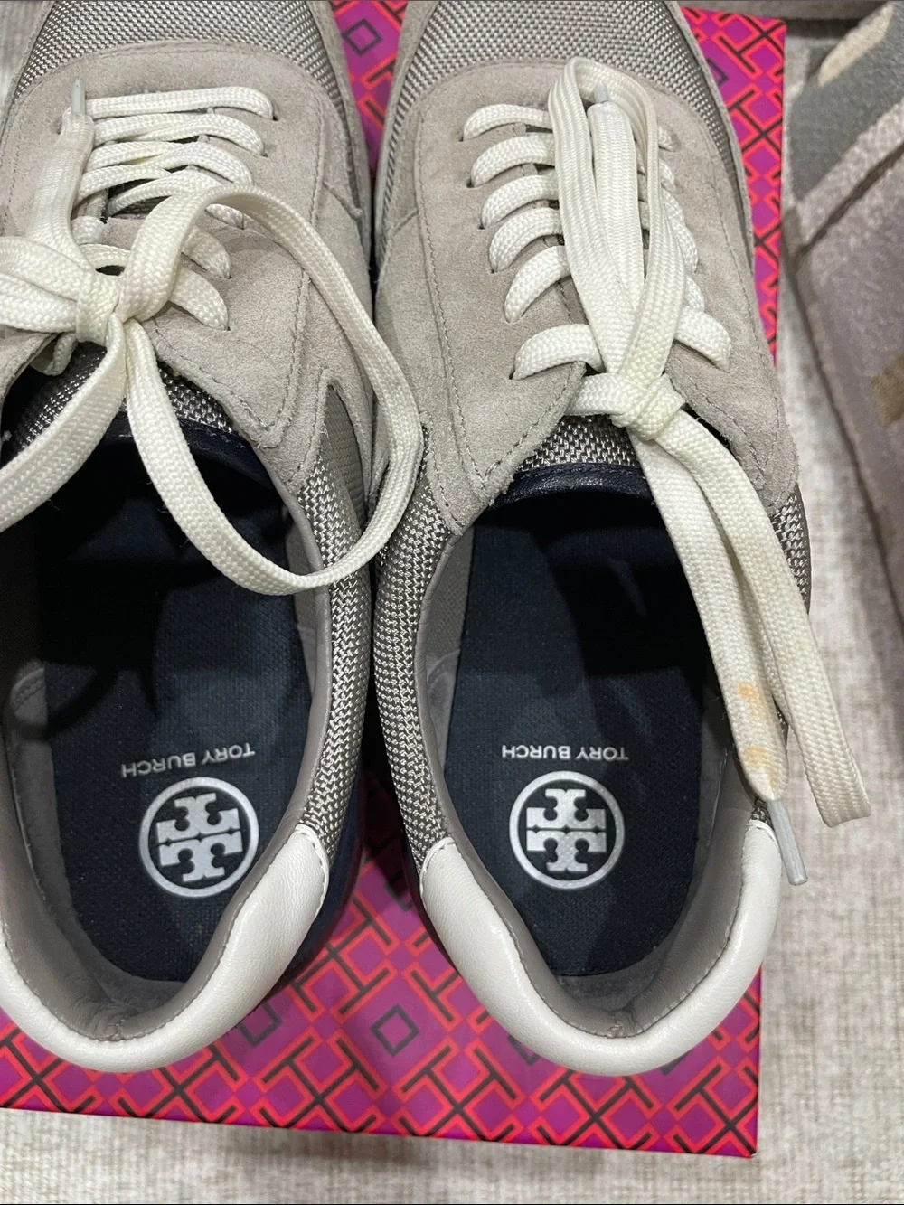 Tory Burch Taupe Suede & Mesh Platform Sneaker with Black and Burgundy Accents